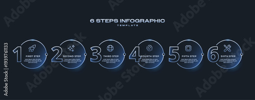 Dark Tech Vector Infographic Label Template with Neon Blue Gradient, Icons and Numbers, 6 Options or Steps for Process Diagram, Presentation, Workflow Layout, Banner, Flowchart, and Data Visualization