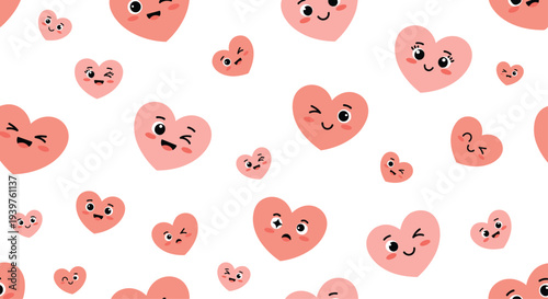 Charming seamless pattern of various pink heart characters with different expressive faces and winking eyes on a plain white background.