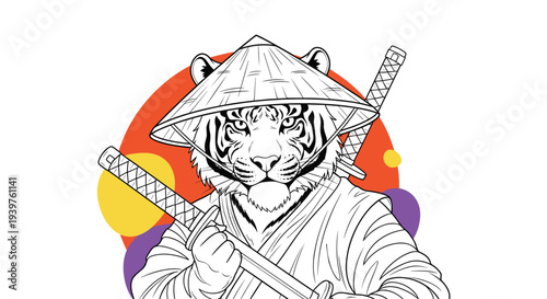 Powerful tiger samurai warrior wearing a traditional straw hat and holding two katanas in front of a colorful abstract circle background.