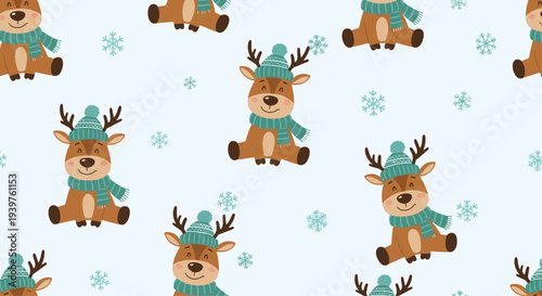 Festive seamless pattern featuring cute reindeer characters wearing teal hats and scarves scattered with snowflakes on a light blue background.