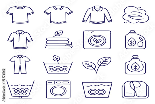 Set of 16 outline icons representing laundry and clothing care with various garments and washing supplies isolated on transparent background