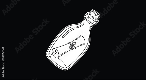 Classic message in a glass bottle with a cork stopper and a rolled parchment scroll inside as a black and white line art coloring page.