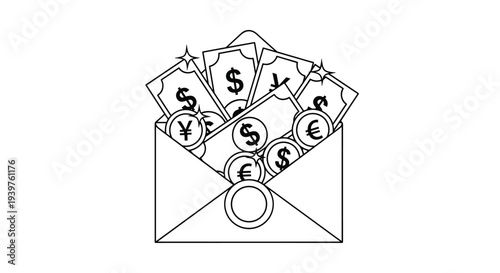 Open mail envelope overflowing with cash banknotes and various currency coins with dollar and euro symbols for a coloring page activity.