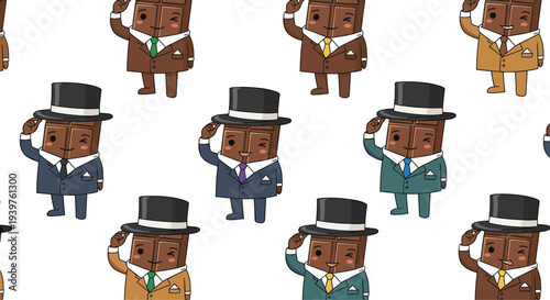 Quirky seamless pattern of chocolate bars dressed in colorful suits and top hats on a clean white background.