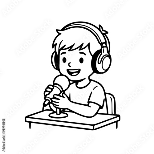 Young Boy Recording Podcast or Singing with Headphones and Microphone – Kid Radio Host and Media Creator Line Art Illustration