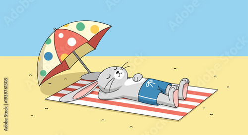 Relaxing scene of a grey rabbit sunbathing on a striped towel under a colorful beach umbrella by the sea.