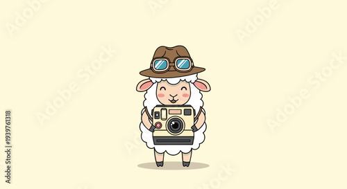 Cute sheep character dressed as a photographer wearing a brown hat and goggles while holding a vintage camera.