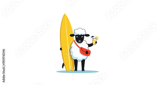 Fun summer sheep character holding a bright yellow surfboard and a refreshing glass of orange juice.