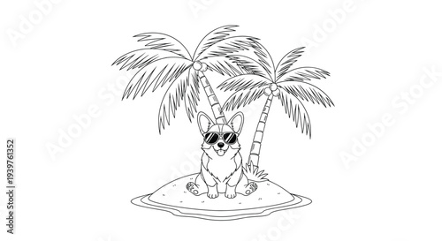 Corgi dog on a tropical island coloring page wearing sunglasses and sitting between two palm trees.