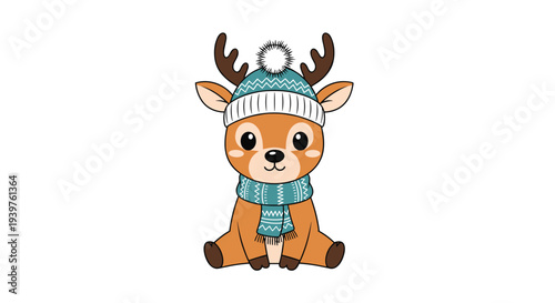 Sweet little reindeer wearing a teal winter hat with a pompom and a matching knitted scarf sitting against a clean white background.