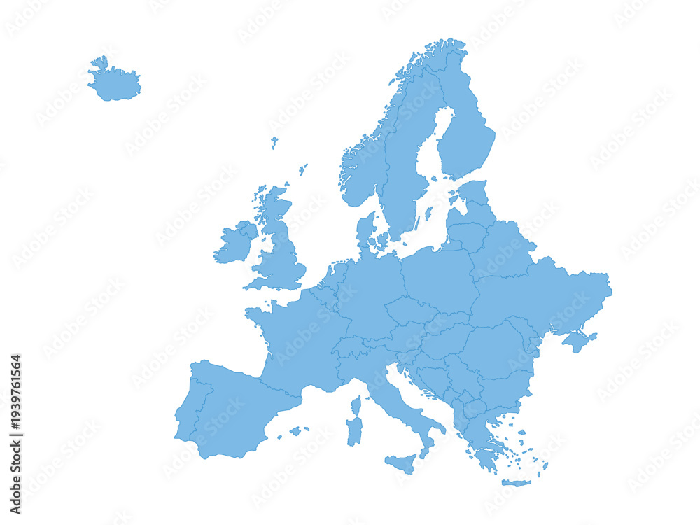 Fototapeta premium Europe map with country borders. Blue political map of Europe with detailed borders. Clean flat design isolated on white background.