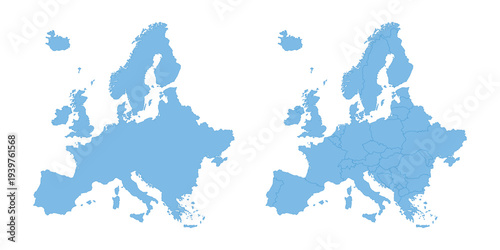 Europe map set. Two blue political maps of Europe with country borders. Flat minimal design isolated on white.