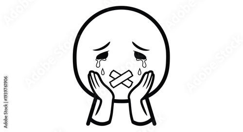 Simple line art drawing of a round character crying with tears running down its face and two strips of tape crossed over its closed mouth.