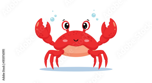 Adorable bright red crab with big friendly eyes and wide pincers stands happily underwater with small blue bubbles rising around its head.