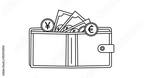 Detailed line art illustration of an open leather wallet overflowing with paper bank notes and large metal coins featuring various symbols.