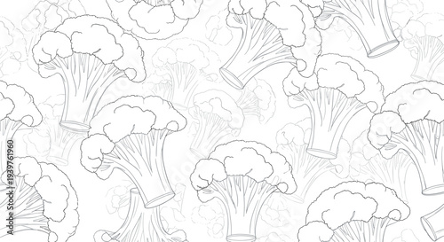 Healthy vegetable pattern showing many broccoli florets in a black and white line art style for food and nutrition coloring activities.