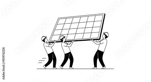 Three men carrying a large panel.