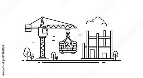 Construction crane lifting heavy brick load.