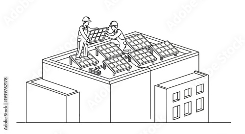 Workers installing solar panels on roof.