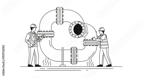 Two workers with industrial pipe.