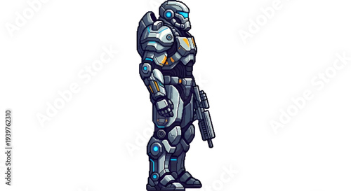 Futuristic Mecha Soldier Pixel Art Side View Cyberpunk Robot Knight with Gun