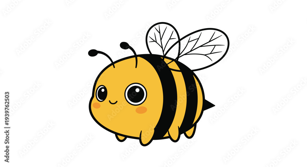 Obraz premium Adorable cartoon illustration of a fuzzy yellow and black bumblebee with large eyes and a friendly smiling face.
