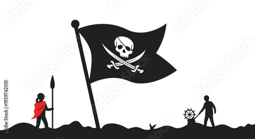 Bold black silhouette of a pirate flag waving between two kids, a girl with a spear and a boy at a ship wheel.