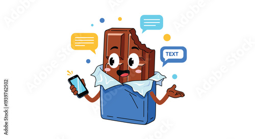 Happy cartoon chocolate bar mascot holding a smartphone and surrounded by speech bubbles and colorful text message icons.
