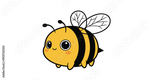 Adorable cartoon illustration of a fuzzy yellow and black bumblebee with large eyes and a friendly smiling face.