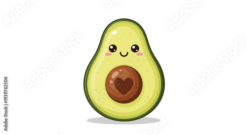 Cute cartoon avocado character with a happy smiling face and a small brown heart shape inside its large central pit.