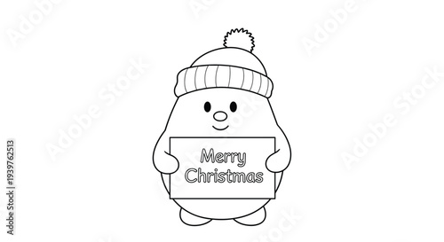 Small round creature wearing a warm knit pom-pom hat holds a rectangular sign with the words merry christmas written in a friendly font.