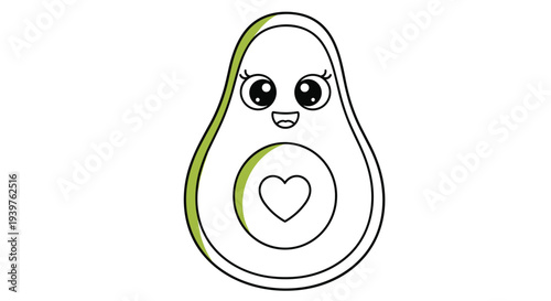 Happy avocado fruit character with large sparkling eyes and a wide smile features a perfect heart shape inside its central pit area.