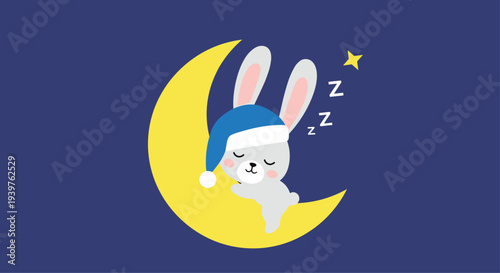 Adorable grey cartoon rabbit wearing a blue nightcap and sleeping peacefully on a yellow crescent moon in the night sky.