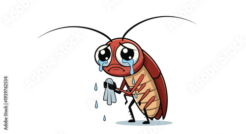Sad brown cockroach character with huge tearful eyes stands crying while holding a small blue handkerchief to wipe away its many tears.