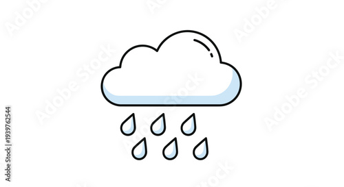 Simple minimalist illustration of a soft blue edged cloud with six blue raindrops falling from it against a clean white background as an icon.