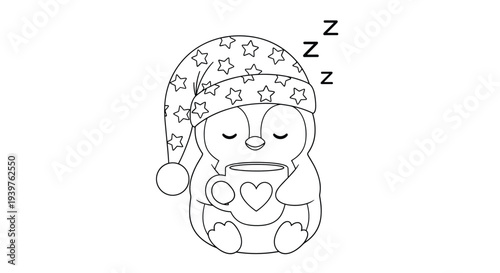 Peaceful little penguin wearing a star patterned sleeping cap dozes off while holding a warm mug decorated with a heart in line art style.