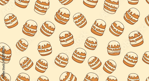 Delicious seamless pattern filled with dozens of small round cakes topped with white icing dripping down the sides on a beige background.