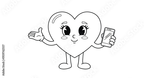 Friendly heart character with large eyes and a warm smile stands holding a modern smartphone in one hand while gesturing with the other.