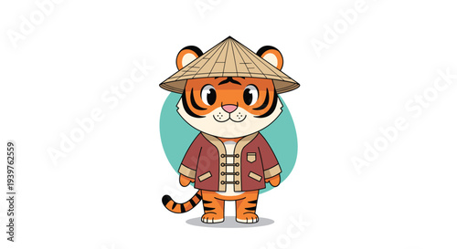 Proud little tiger character wearing a traditional conical straw hat and a red oriental jacket stands against a soft teal circular backdrop.