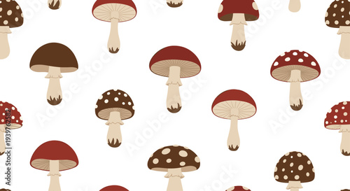Seamless pattern featuring various types of mushrooms like fly agaric and brown caps on a clean white background for autumn designs.