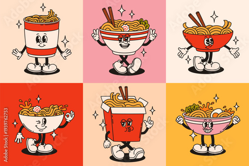 Mascot characters ramen noodles in retro groovy style.