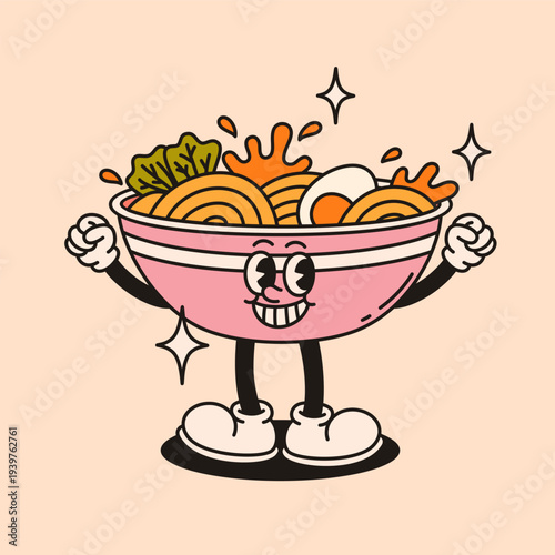 Mascot character ramen noodles in retro groovy style.
