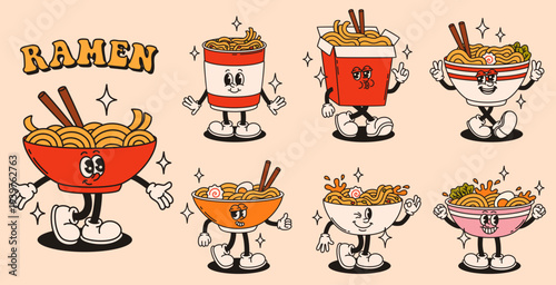 Groovy characters ramen noodles in retro style.