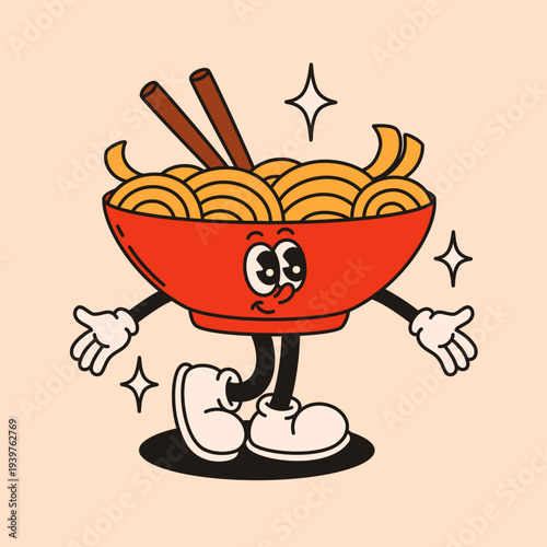 Ramen mascot character in retro groovy style.