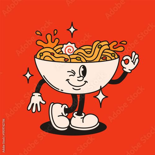 Groovy ramen character in retro style. Flat vector illustration.