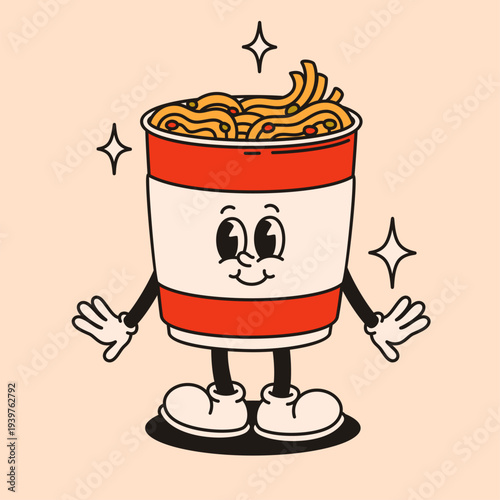 Groovy noodle character in retro style. Flat vector illustration.