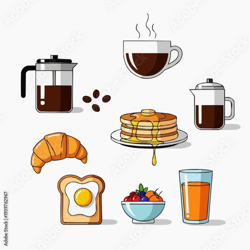 A vector graphic illustration of a delicious breakfast spread with food and drink