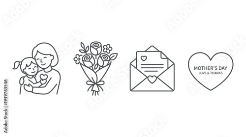 Minimal line icons for Mother’s Day celebration, flower bouquet, love letter, heart symbol, clean outline vector