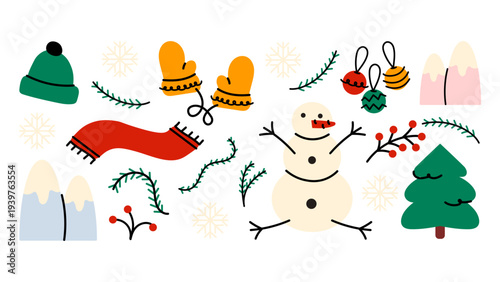 Christmas winter sticker set in playful cartoon doodle style. Cute holiday icons with snowman, mittens, scarf, Christmas tree, ornaments and snowy mountains. 