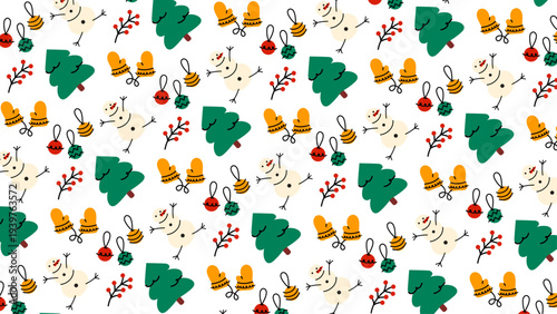 Seamless Christmas winter pattern with snowman, mittens, ornaments and Christmas trees. Playful cartoon doodle repeat with cozy retro holiday mood for wrapping paper, fabric and seasonal packaging.